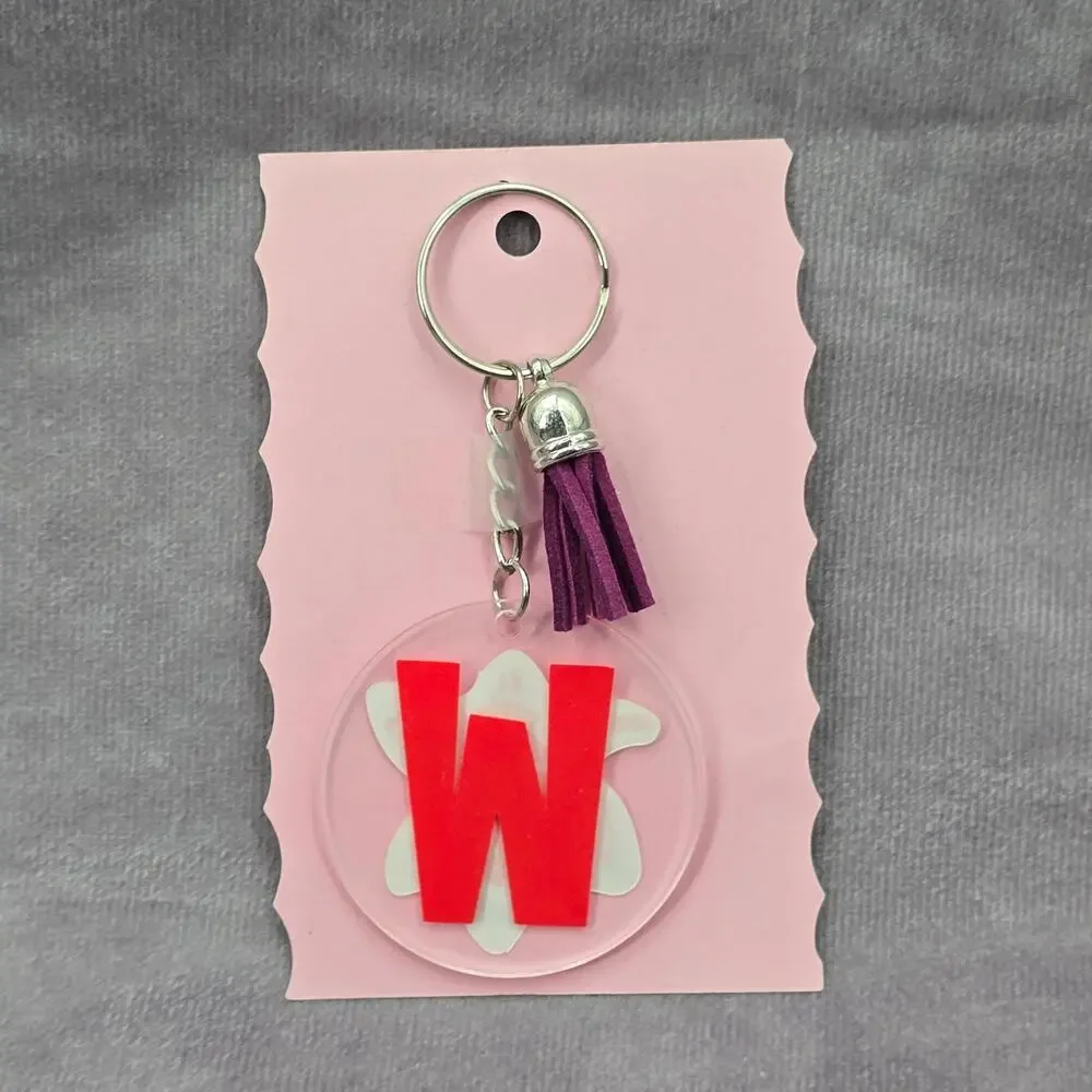 Letter Keychain Clear‎ Silver Circle Handmade Acrylic Tassel Flower W Purple